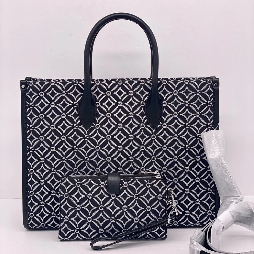 Michael Kors Mirella Medium Metallic Logo Jacquard Tote Bag and Wallet Set